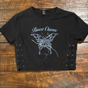 Forever 21 Black Crop Top with Blue Butterfly Design